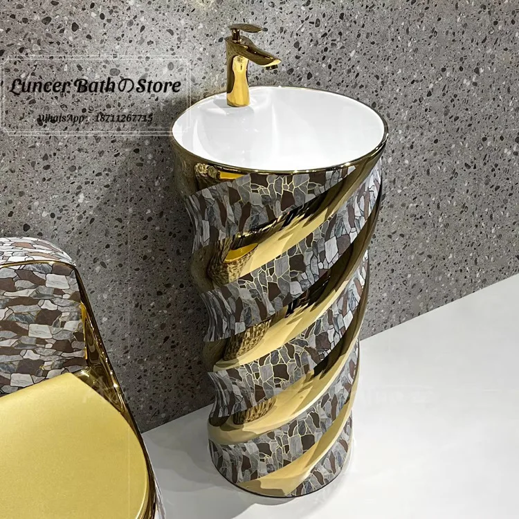 Bamboo-joint Gold Plated Striped Colorful Gold Pedestal Sink Integrated Floor Standing Ceramic Wash Basin Luxury Golden Vanity