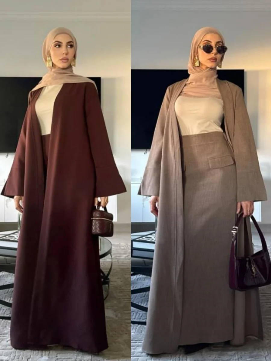 

Muslim Women Dubai Abayas Kimono Cardigan With Skirt Modest two-piece Set Islam Robe Femme Musulmane Kaftan Islamic Clothing set