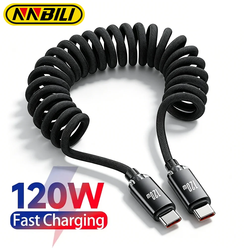 NNBILI PD 120W Typ-C zu Typ-C Schnellladekabel USB-C Spiralkabel für Auto-Ladegerät für iPhone 17 Serie Xiaomi Samsung S26 Macbook