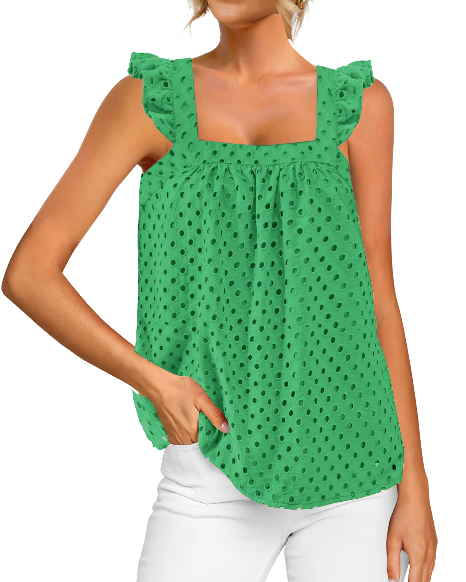 Camisas sin mangas de verano con cuello cuadrado y tirantes para el hombro con volantes y agujeros de Color sólido para mujer