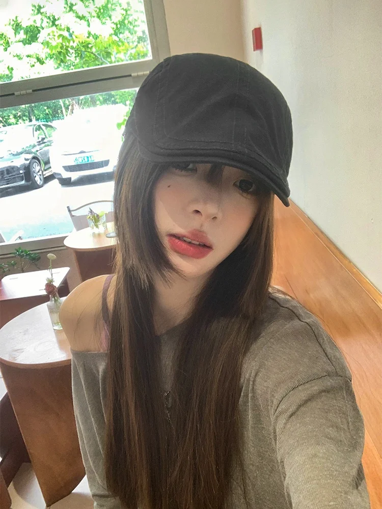 Retro British Style Washed Beret Hat Women's Summer Casual Thin Cotton Cap round Top Short Brim Streetwear Unisex Hat