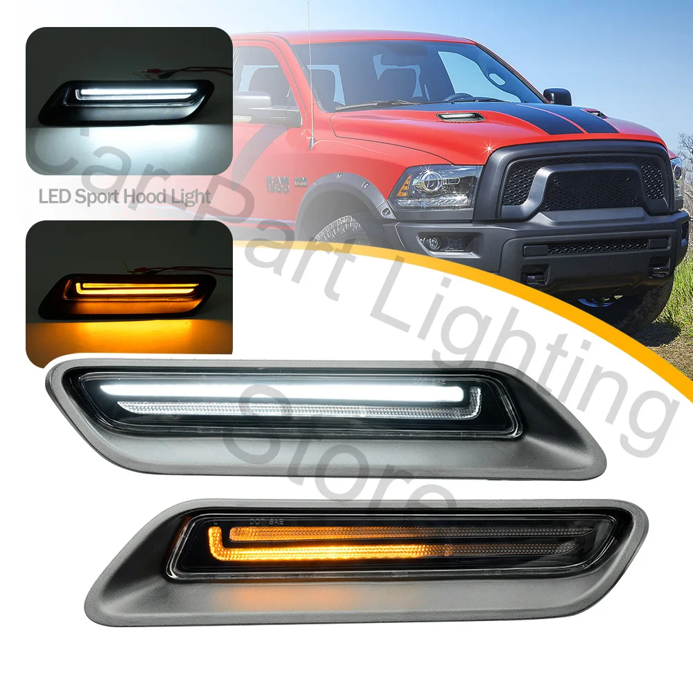 2Pcs LED Dynamic Raptor Style Front Mesh Grill Hood Scoop White DRL Amber Turn Signal Light For 2010-2018 Ram 1500 Sport Hood