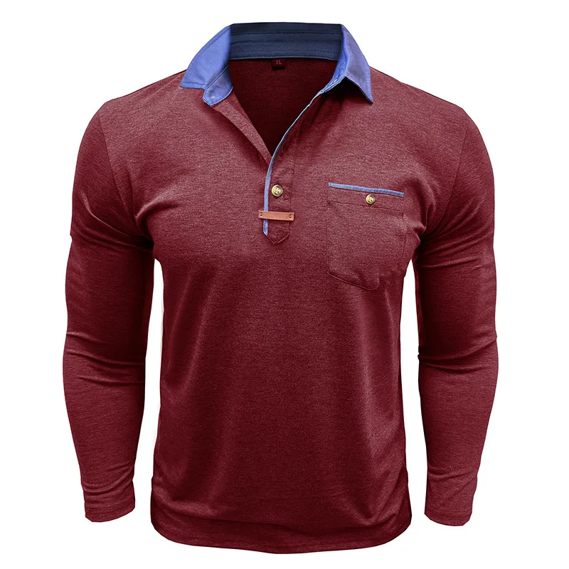 Langarm-Poloshirt für Herren, lässig, schmale Passform, Henley-Kragen, T-Shirt mit Tasche, Smart Blend Tops – Detail 39
