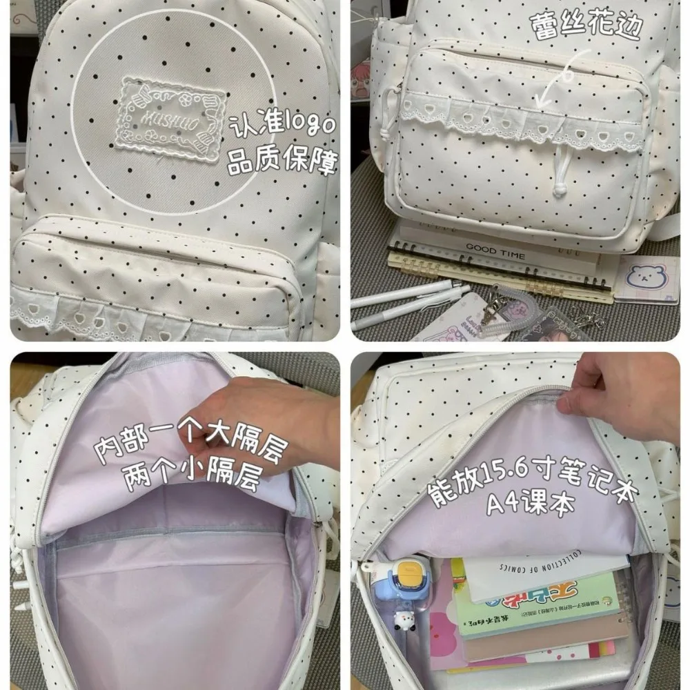 Lightweight nylon fabric student schoolbag, women's backpack, polka dot bow pendant, waterproof travel backpack