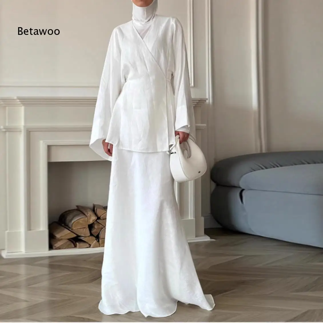Women Multi Color Satin Wrap Two Piece Set Long Sleeve V Neck Tie Waist Top Mermaid Maxi Skirt Elegant Outfit view 3