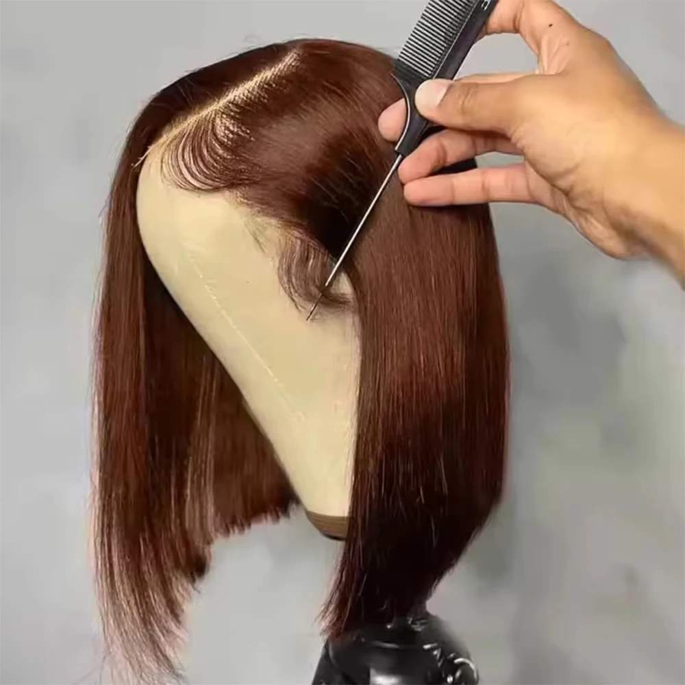 Natural Hairline Pre Plucked 100% Human Hair Wig 13x4 HD Lace Frontal Wig #4 Chocolate Brown Straight Short Bob 16Inch For Women