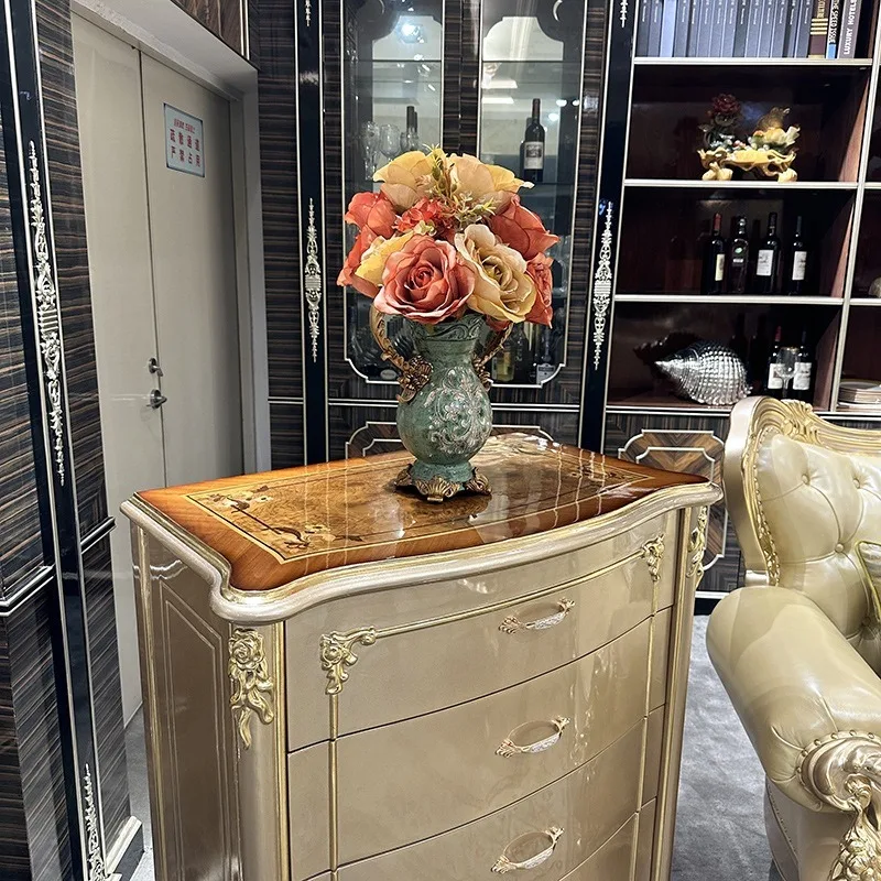 French solid wood chest, European carved champagne gold chest