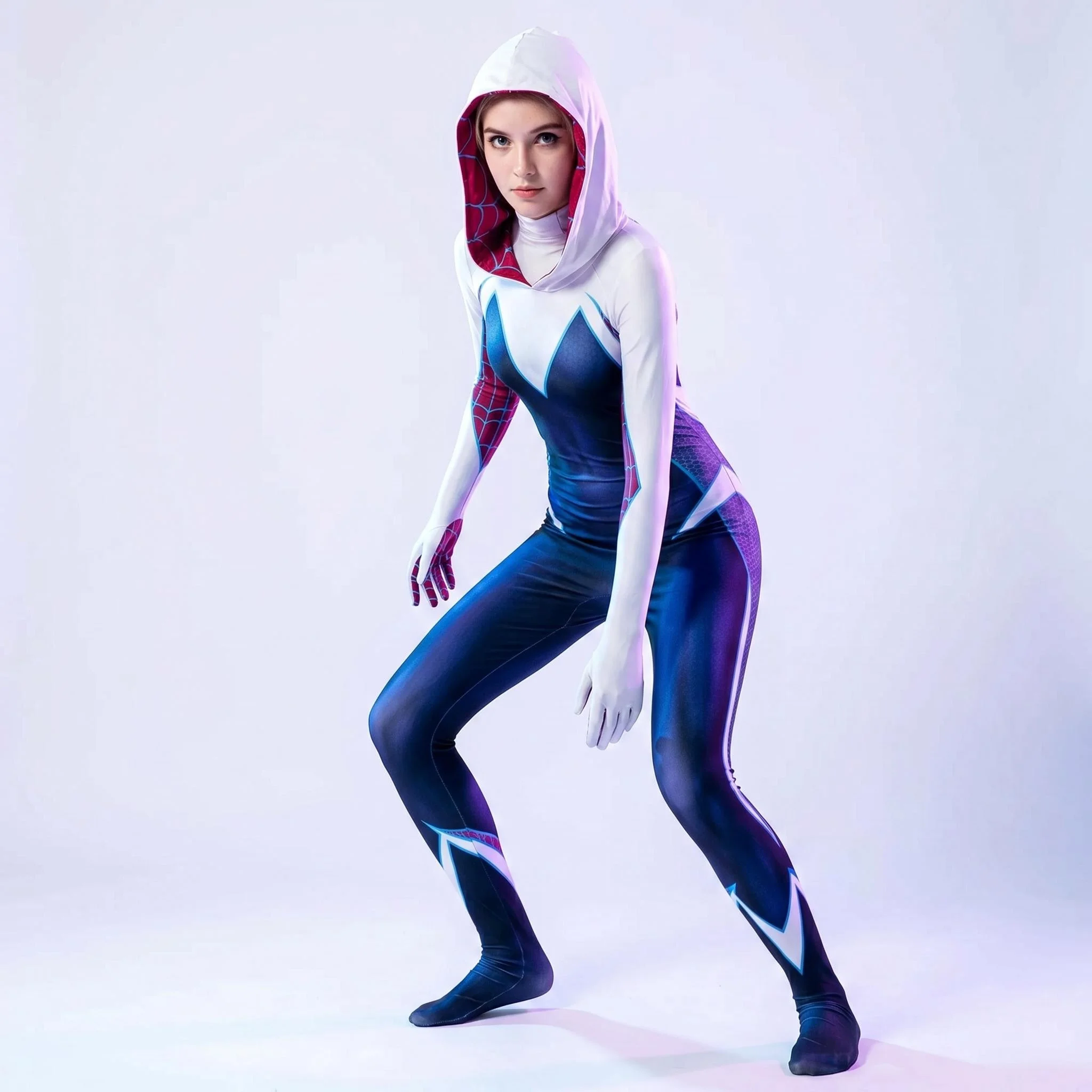 Disfraz de Spider Gwen Stacy para adultos, mono Zentai con estampado 3D y capucha, mono de superhéroe para mujer, fiesta de Carnaval y Halloween