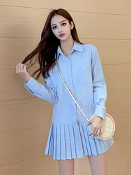 Autumn Long Sleeve White Pleated Shirt Dress 2023 Women Casual Turn Down Collar Mini Dress Button Lady A Line Office Vestidos