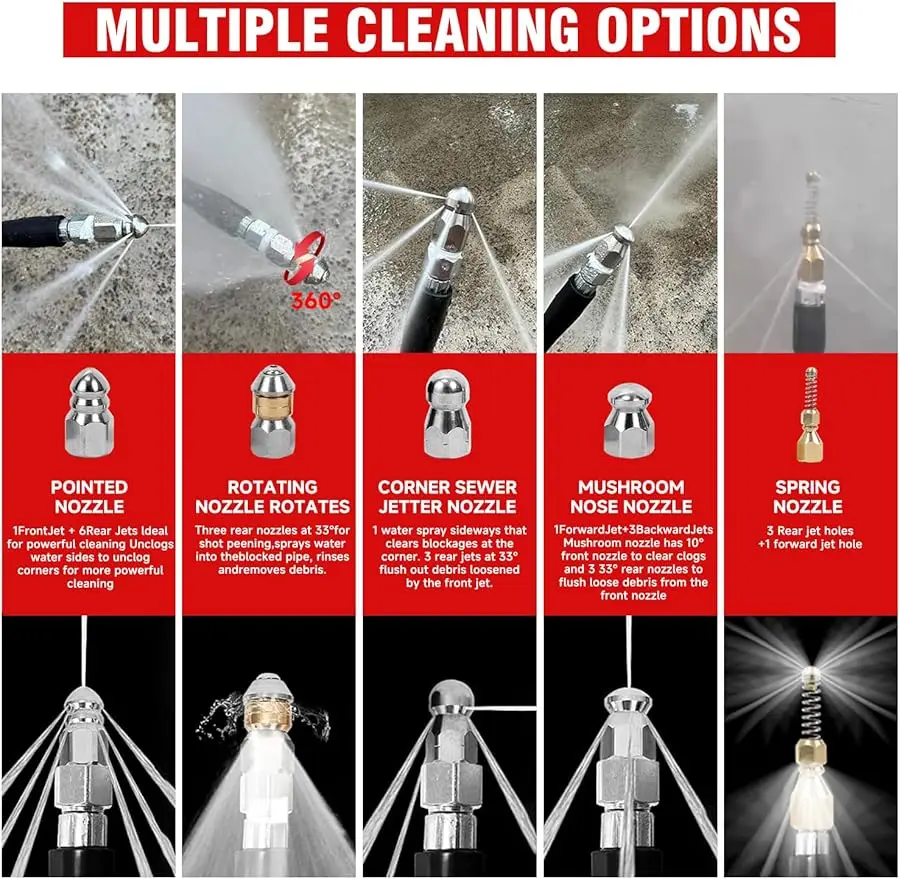 طقم نفاث المجاري NIFUAL لغسالة الضغط، منظف استنزاف الضغط 200FT 5800PSI 1/4 بوصة NPT زاوية دوارة وخرطوم زر Se #4
