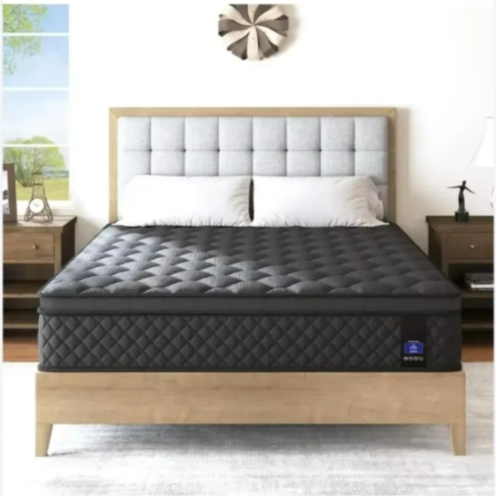 Queen Mattress,14 Inch Hybrid Mattress Black,Euro Top Mattress Medium Firm for Back & Lumbar Support,100 Night Trial, Individual