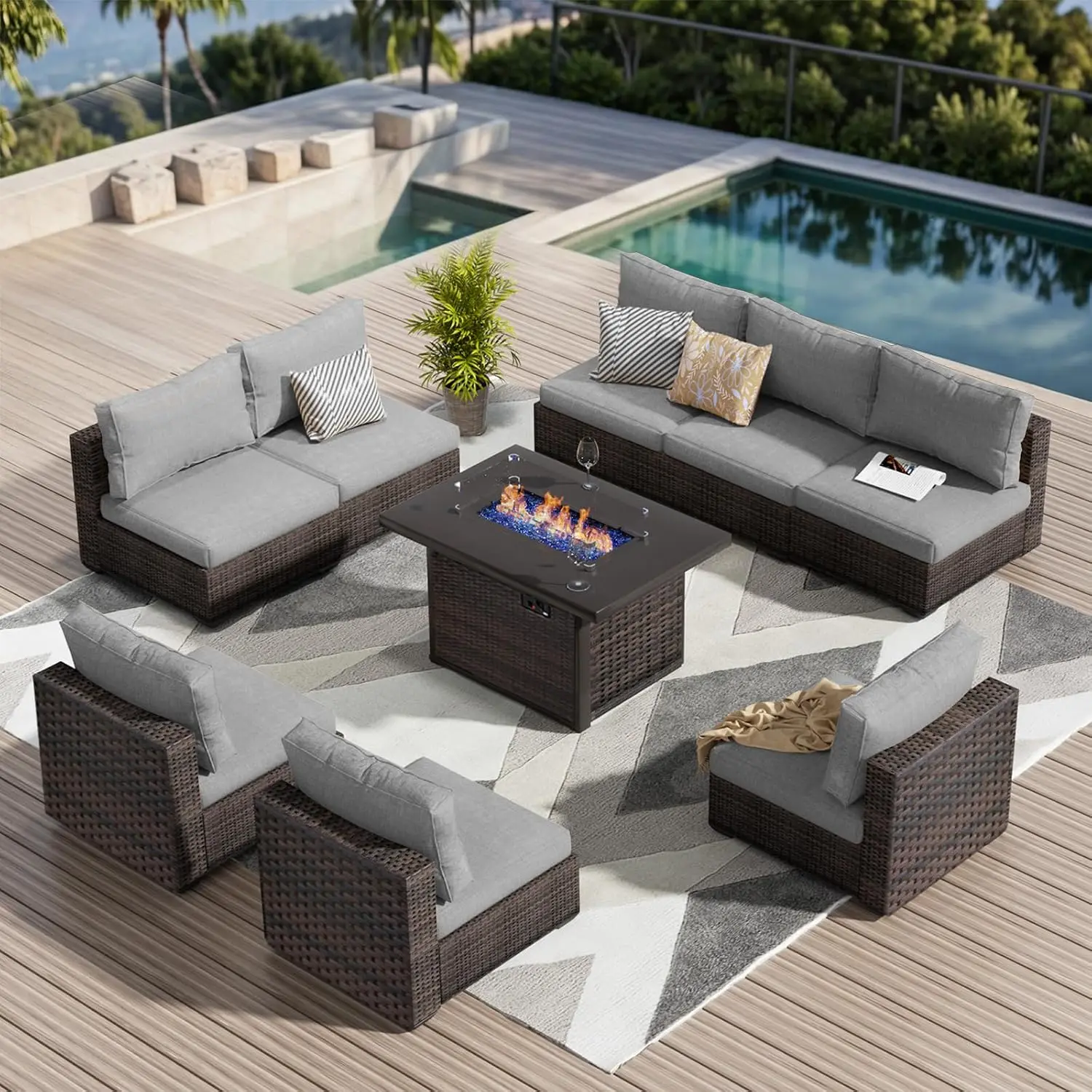9-Piece Outdoor Sectional Patio Furniture Set with Fire Pit Table PE Rattan Armless Conversation Set with Cushions, Customized