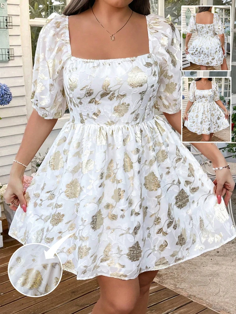 Vestido de talla grande con recortes románticos, vestido de vacaciones con manga de burbuja en relieve dorado y calor, vestido Maxi de verano con estampado Floral para mujer