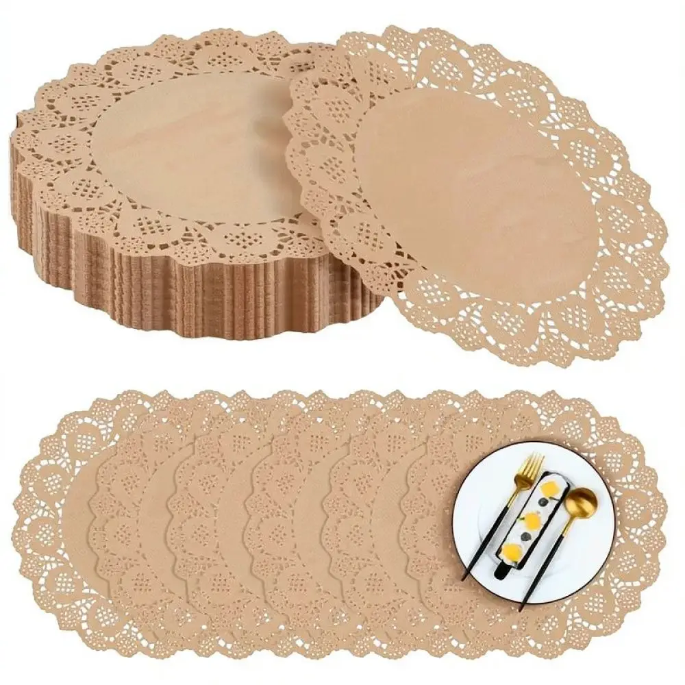 Retro Style Kraft Paper Lace Doilies Scalloped Edge Mats For Birthday Party Cake Decorating Table Supplies