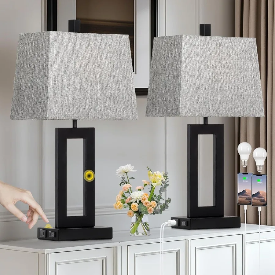 

Настольная лампа с сенсорным управлением, набор из 2 современных черных прикроватных ламп с портами USB C + A и розеткой переменного тока, 3-полосные светильники для спальни с регулируемой яркостью для