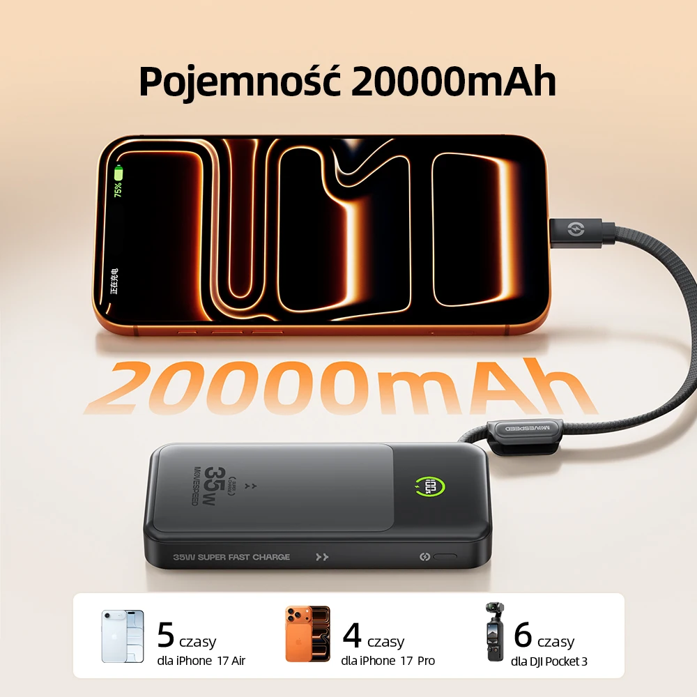 【CCC】MOVESPEED P20 Power Bank 20000mAh Zewnętrzna Ładowarka 35W PD Szybkie Ładowanie Powerbank Bateria LFP do iPhone Xiaomi Samsung — zdjęcie produktu 3