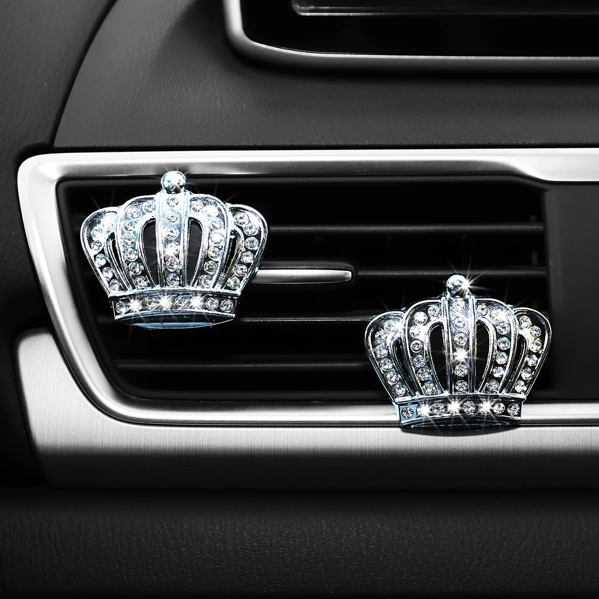 2 rejillas de ventilación de coche decoradas con corona de metal perfumado con diamantes parpadeantes, par de interiores de coche para hombres y mujeres