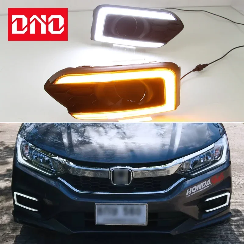 Car LED DRL 12V Daylights For Honda City Grace 2017-2019 Yellow Turn Signal Daytime Running Headlamps Auto Driving Lamp Foglamps