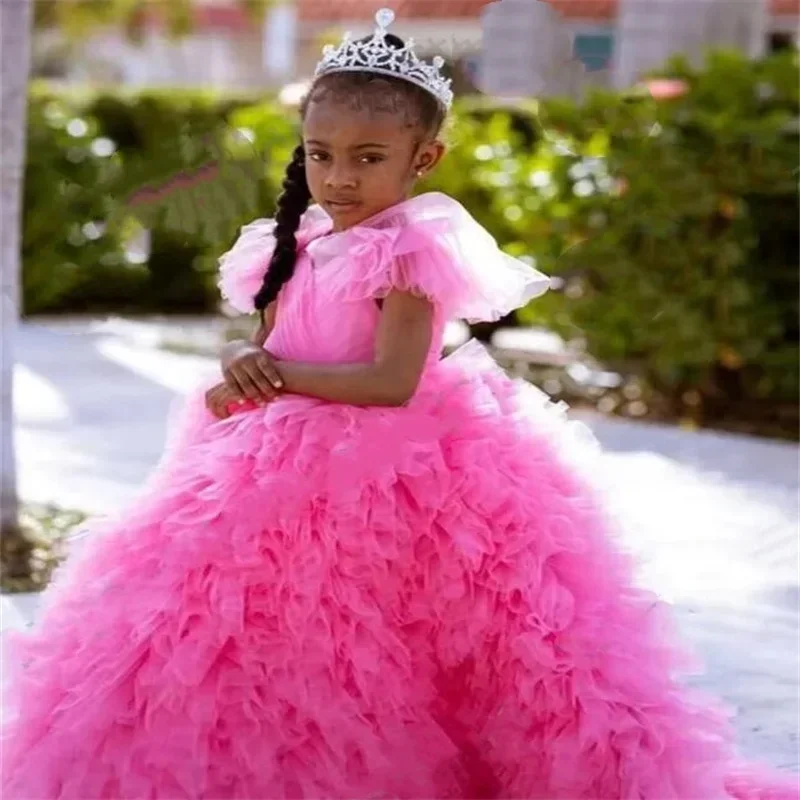 Vestido rosa para niña de las flores, tutú Simple en capas, cuello en V, Princesa, boda, fiesta de cumpleaños, primera comunión