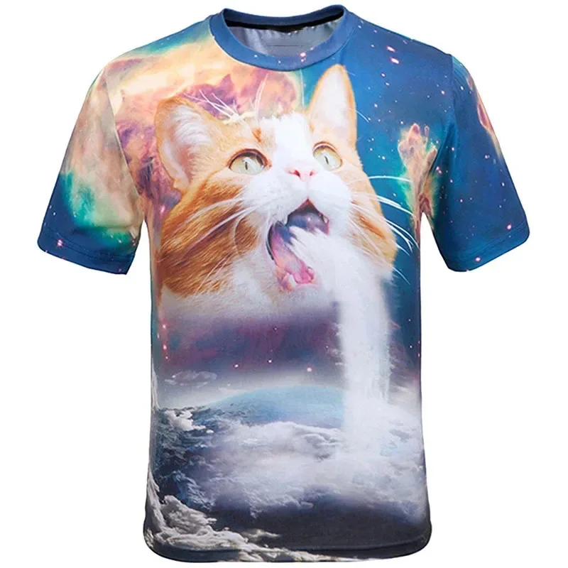 Fun Galaxy Cat Pattern 3D Print sport Quick-dry Breatha Men T-Shirt Outdoor Street Casual Fashion Parent-child Short Sleeve Top