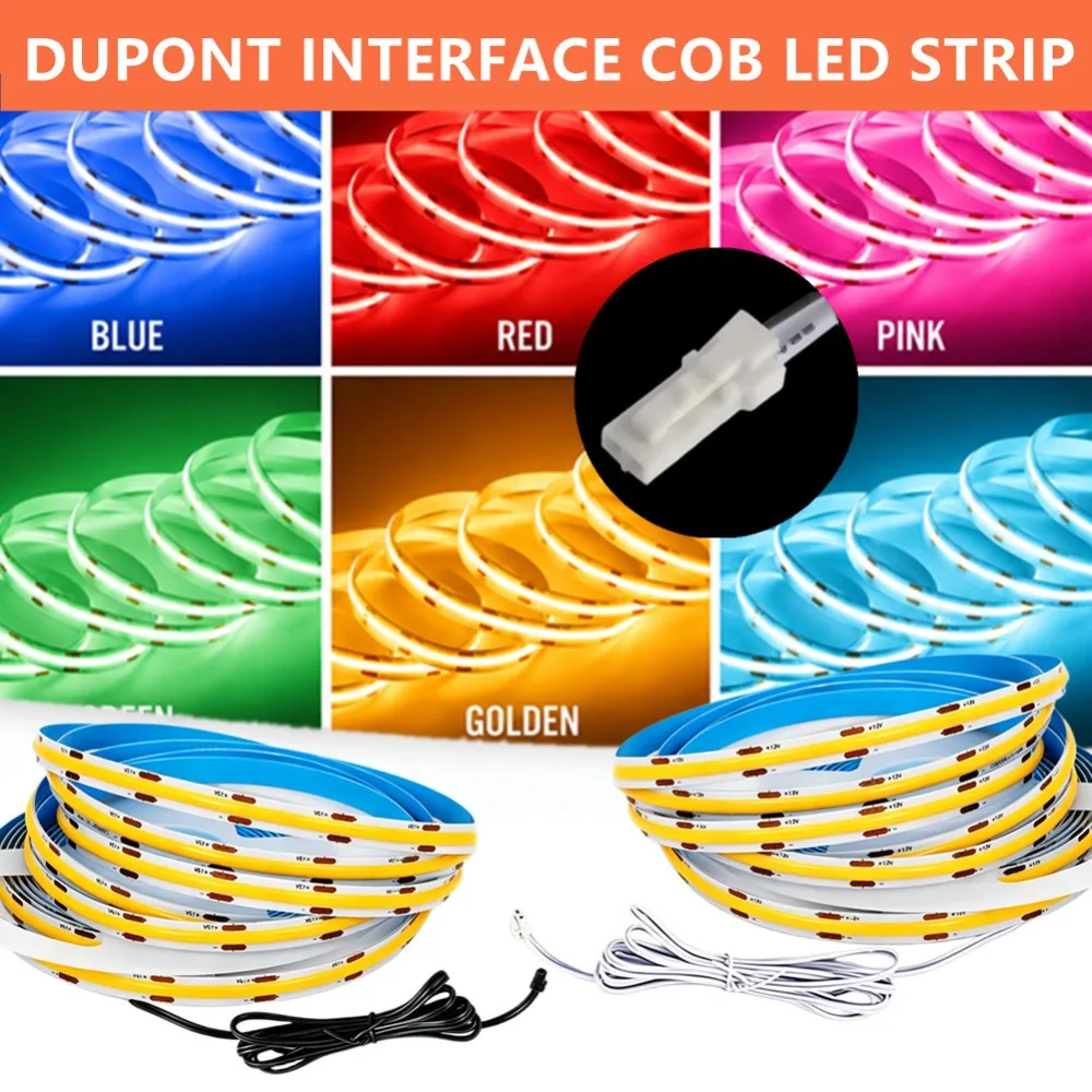 Soft Cuttable Dupont Interface COB LED Strip Light DC12V 24V 320LEDs/m 8mm Adhesive Flexible Tape 0.5-5m Multiple color options