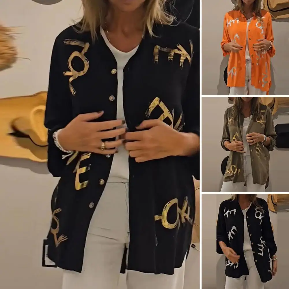 قميص نسائي بأكمام طويلة بطية صدر ، قمة أنيقة ، طباعة بختم ساخن ، تصميم بصف واحد ، فضفاض ، كاجوال ، يومي