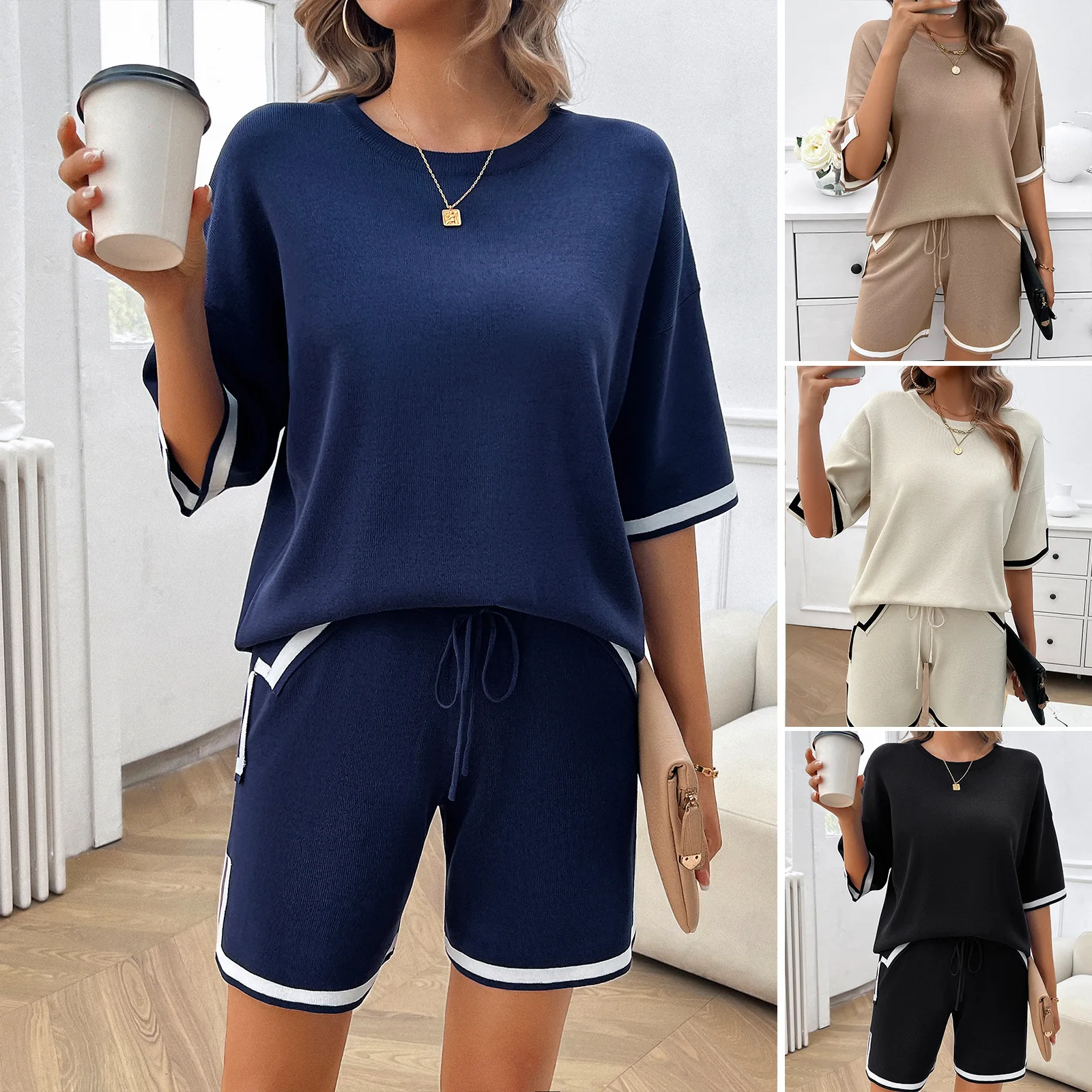 

Two Piece Set for Women Summer Women's O Neck Suit Casual Short Sets Sweater Suit Sets for Women 2 Pieces Sport Shorts Pants Set