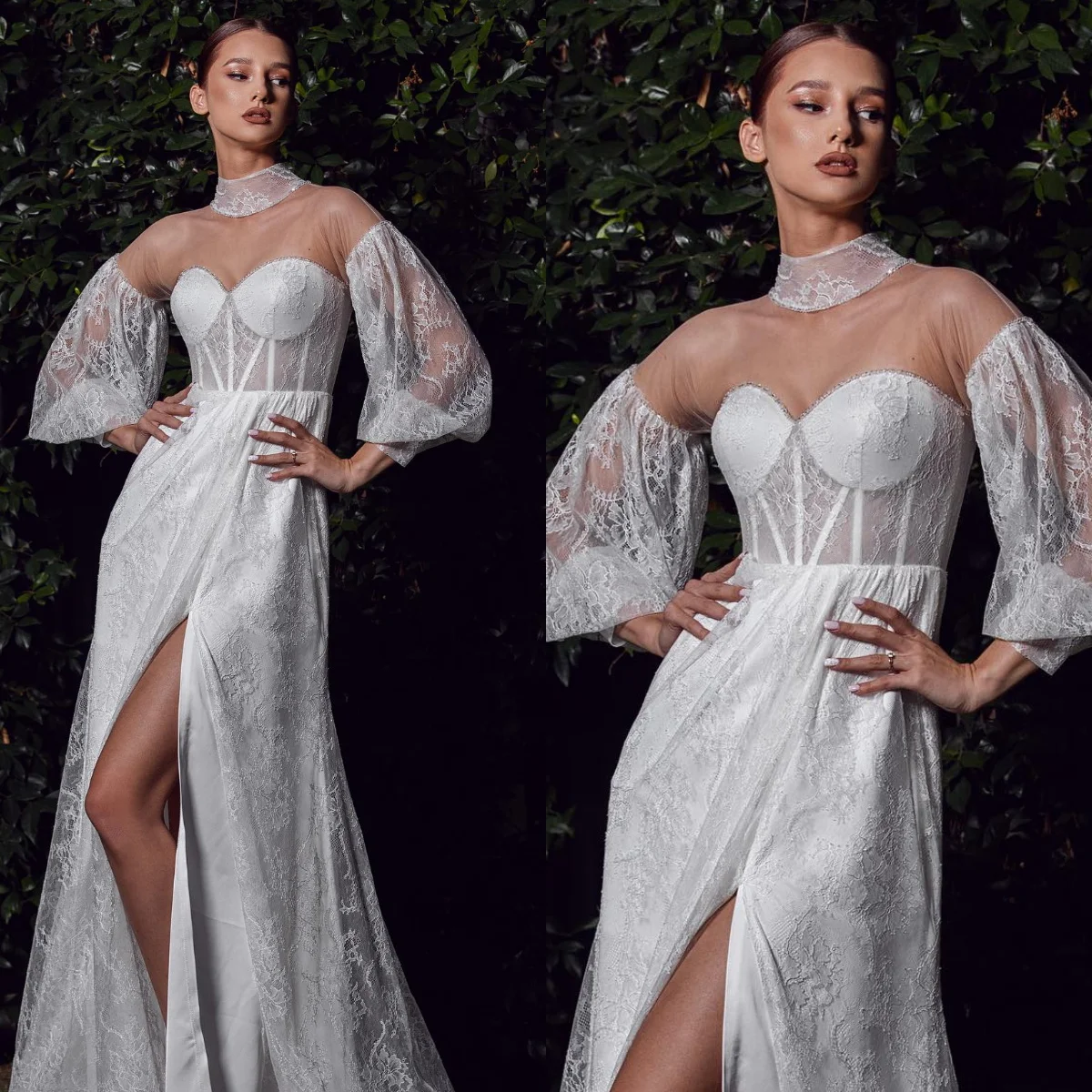 Sexy High Neck Wedding Dresses for Bride Long Sleeve Lace Appliqued Split Slit Wed Dress Designer Bridal Gowns