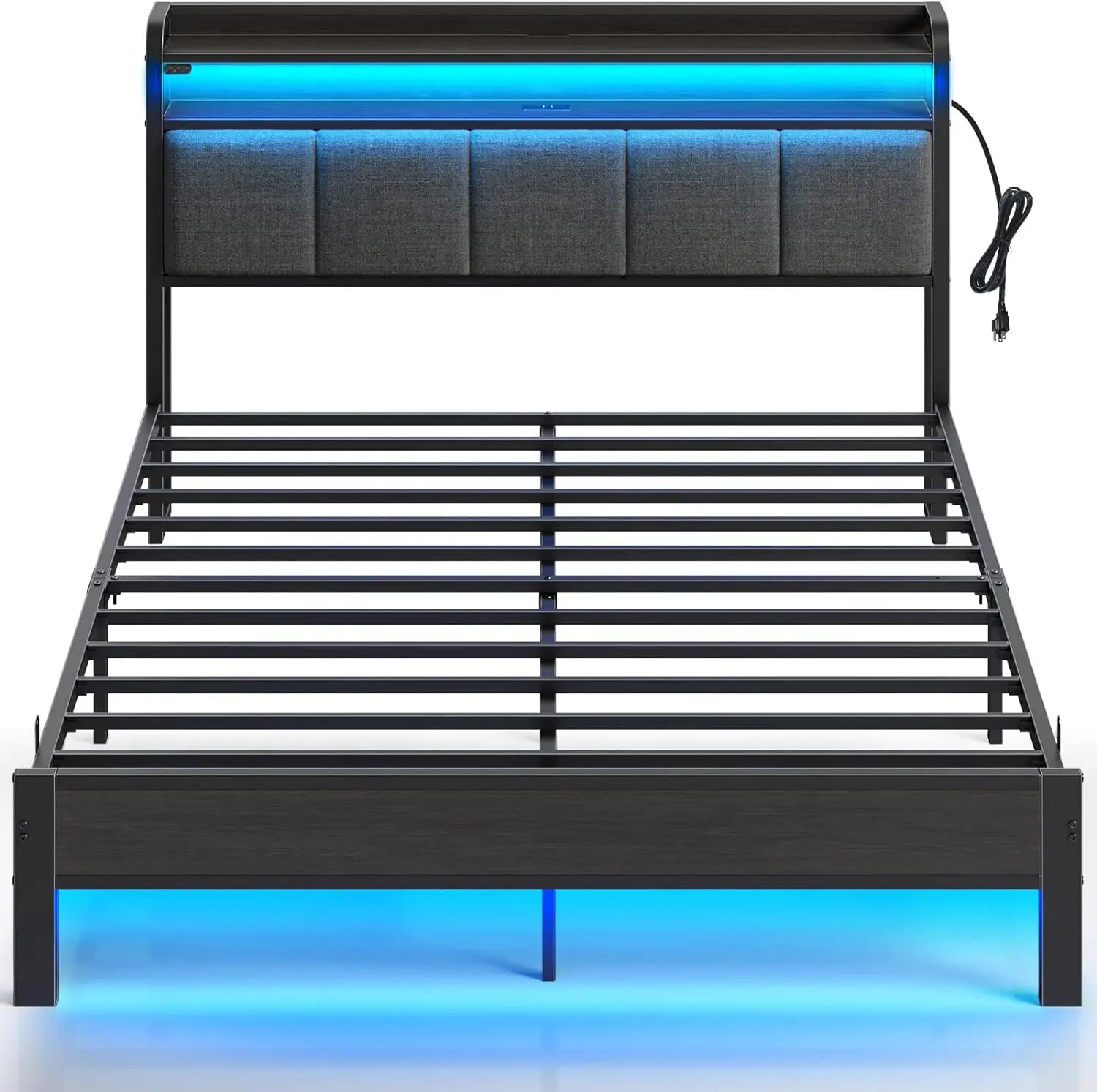 

Queen Bed Frame,LED Lights, Upholstered Headboard,Charging Station,Storage Shelves,Heavy Duty Metal Slats,No Box Spring Needed