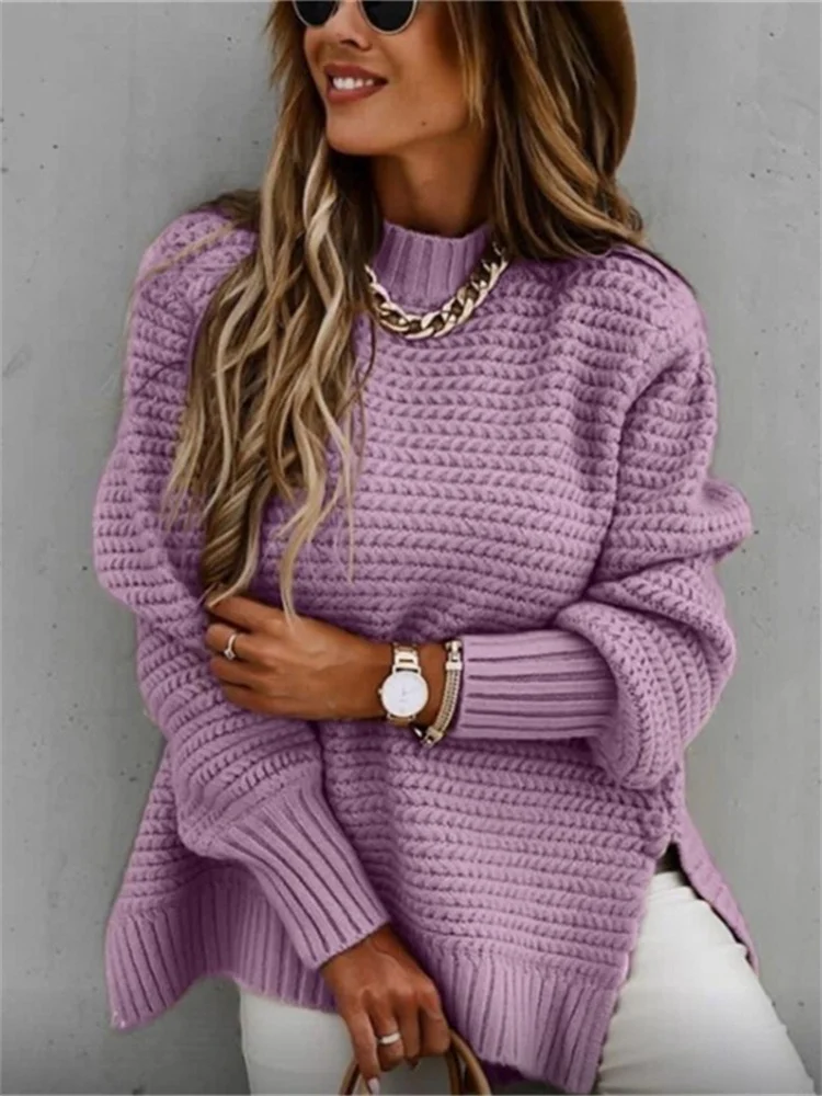 Vintage Knitted Sweater Women Winter Oversized Half High Neck Knit Pullover Female Loose Solid Jumper Lady Retro Casual Knitwear