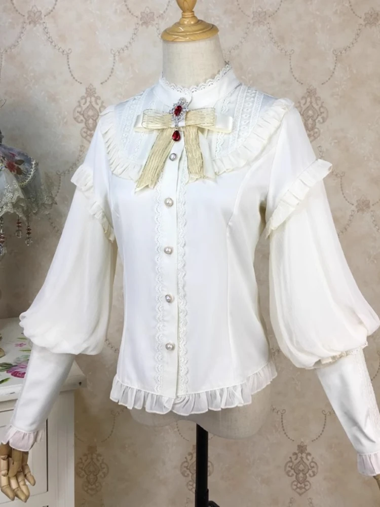 

Spring Autumn Lolita Blouses Stand Neck Leg-of-mutton Sleeve Ruffles Patchwork Shirts 2025 New All Match Design Women's Clothing