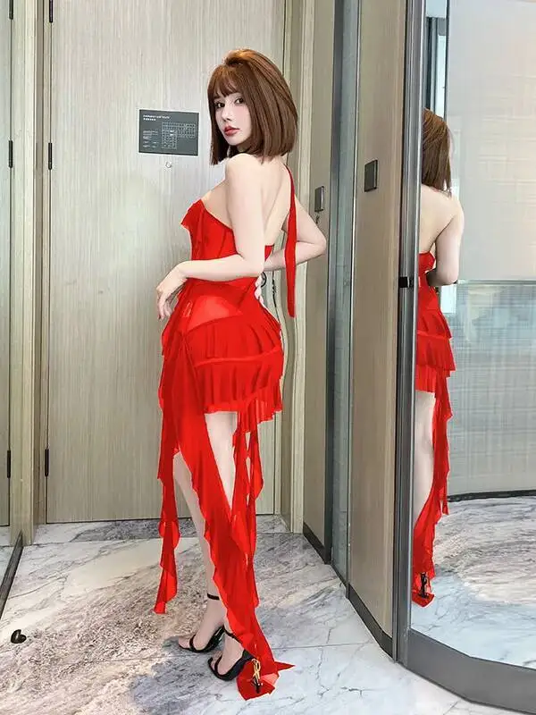 Camisón Sexy con cuello Halter y cinta de malla, negro, rojo, blanco, Multicolor, transparente, ajustado, ropa de casa para mujer, vestido transparente con encanto TQYP