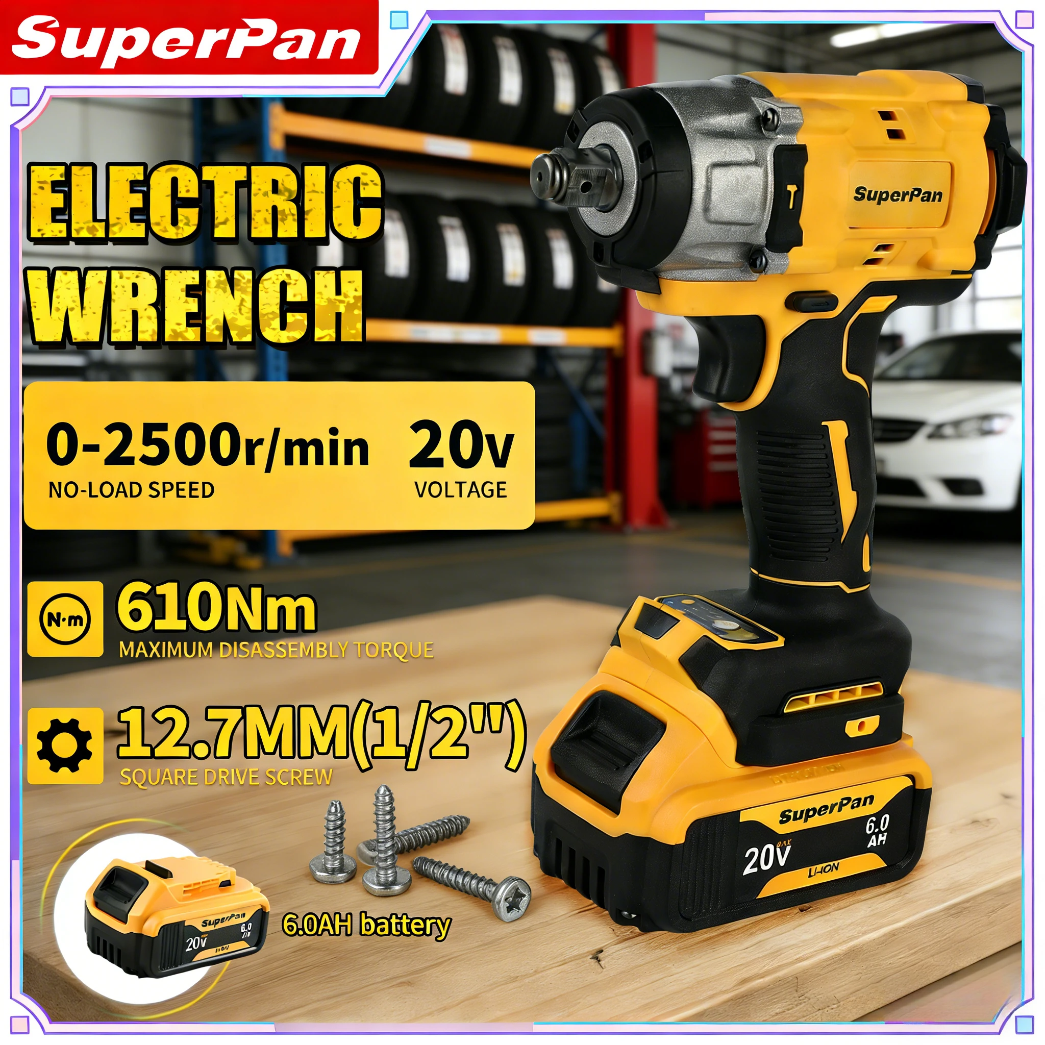 

Ударный гайковерт SuperPan SP922, 610 Н·м, для профессионального ремонта промышленного оборудования, совместим с аккумулятором DeWalt 20В