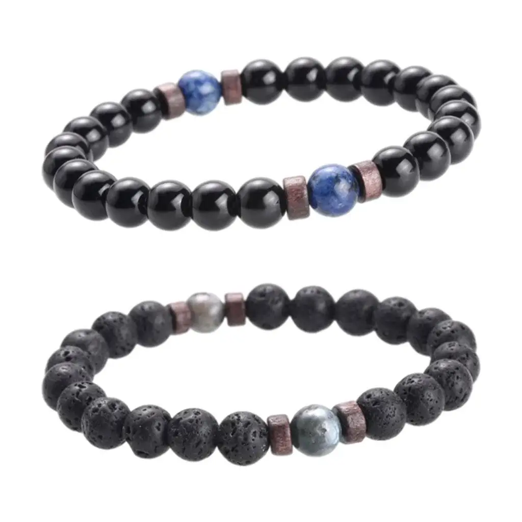 Pulseira natural de contas Moonstone para homens, pedra de lava, conexão ajustável, azul, pacote 3-4