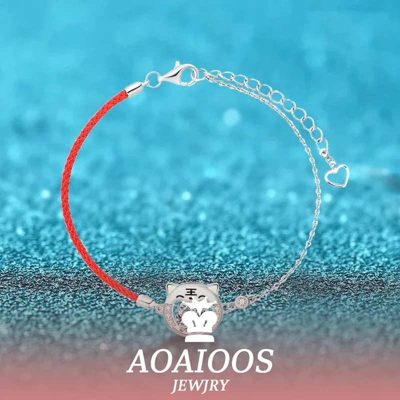 

AOAIOOS Real 1 CT Moissanite Red String Bracelet For Girls New Year Zodiac Little Tiger 100% 925 Sterling Silver Vintage Jewelry