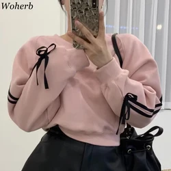 Crop Hoodies Women's Clothing Long Sleeve O-neck Loose Y2k Tops 2024 Ropa Mujer Casual Fashion Patchwork Bow Korean Sweatshirts