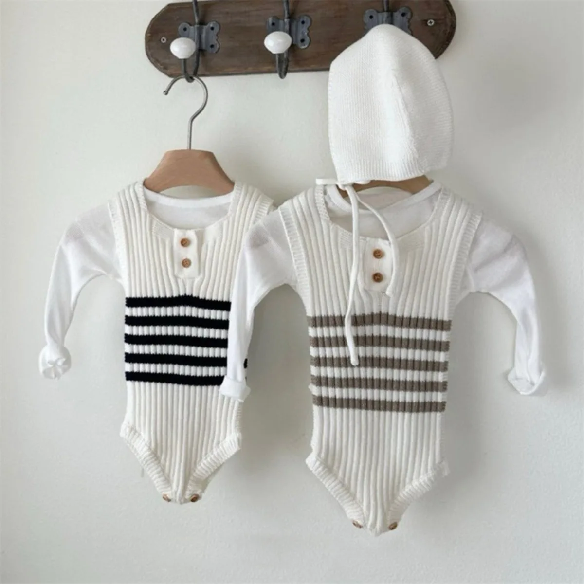 

Spring Toddler Girls Bodysuits Striped Knitting Newborn Girls Jumpsuits Round Neck Infant Baby Boys Rompers Kids Overalls