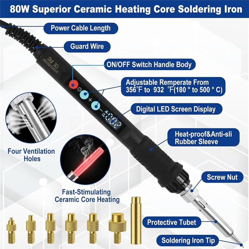 

B84B-Professional Soldering Iron Kit, 80W LED Adjustable, 130 Threaded Inserts, EU Plug Configuration