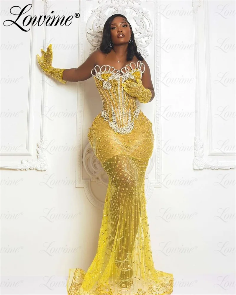 Robe de soirée sirène en cristal Aso Ebi, jaune, grande taille, longue, fête formelle, deuxième réception, quel que soit personnalisé, 123