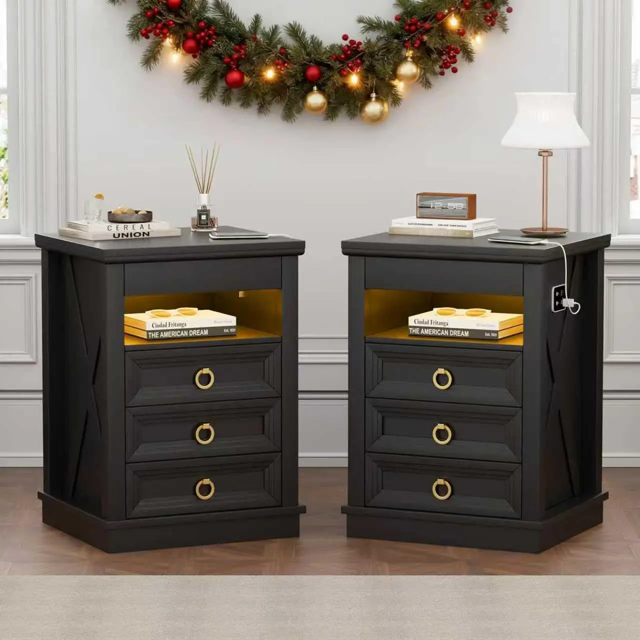 

Farmhouse Nightstand Set 2 with Gun Drawer,Bedside Table with Charging Station and Human Body Senor,3 LED Lights, Customized