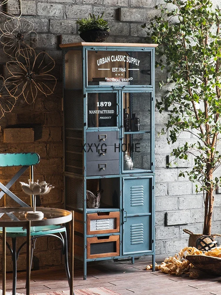 American Country Chest of Drawers Vintage Industrial Style Distressed Bookcase Shelf Solid Wood Wrought Iron Creative