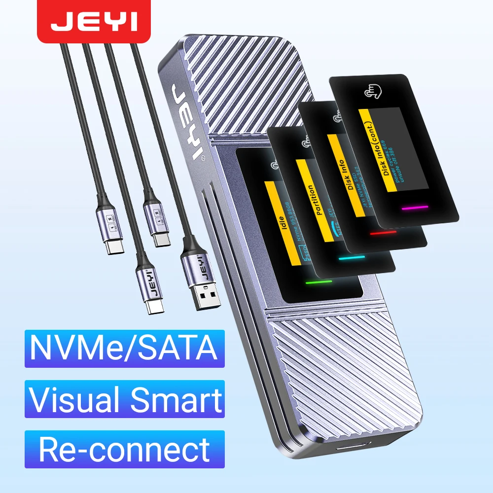 

JEYI Visual Smart M.2 2280 NVMe/SATA Enclosure-5s Write Protection&3s Auto-Reconnect USB 3.2 10Gbps Support UASP/TRIM