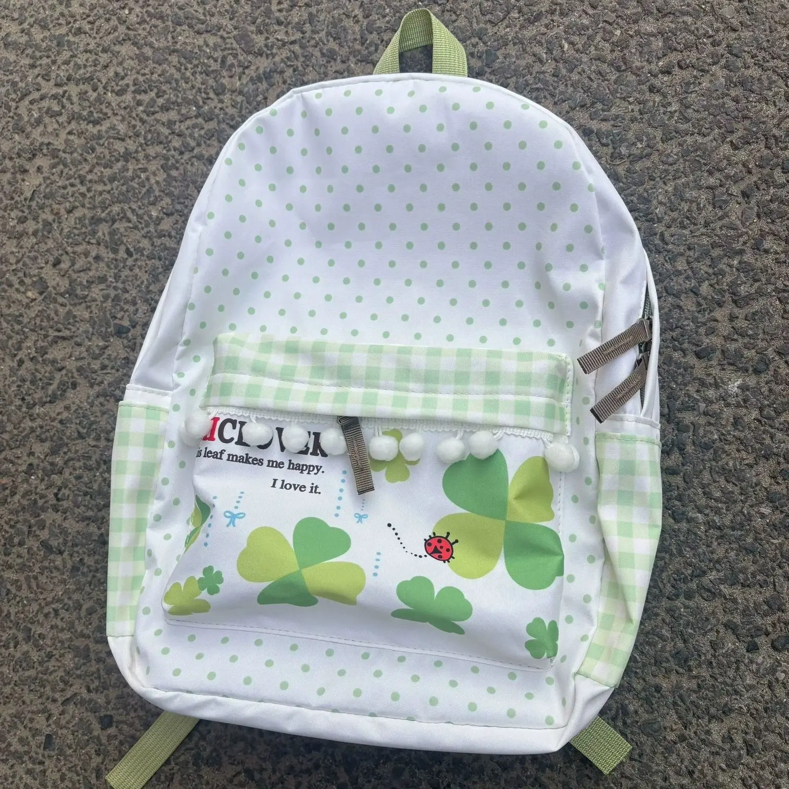 Japanese Cute Countryside Style Nylon Canvas Green Lucky Clover Large Capacity School Bag Student Storage Bag Travel Backpack