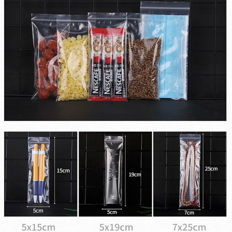 100Pcs Reusable Long Style PE Transparent Ziplock Bag Food Remote Control Control Cosmetic Packaging Ziplock Zip Zipped Lock Bag