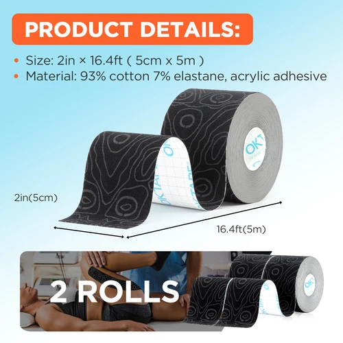Imagen 2 del producto 2 rollos de cinta de kinesiología OK TAPE PRO, nueva embalaje de cinta de corte libre de 5 cm x 16 pies, cinta atlética elástica actualizada sin látex terapéutico