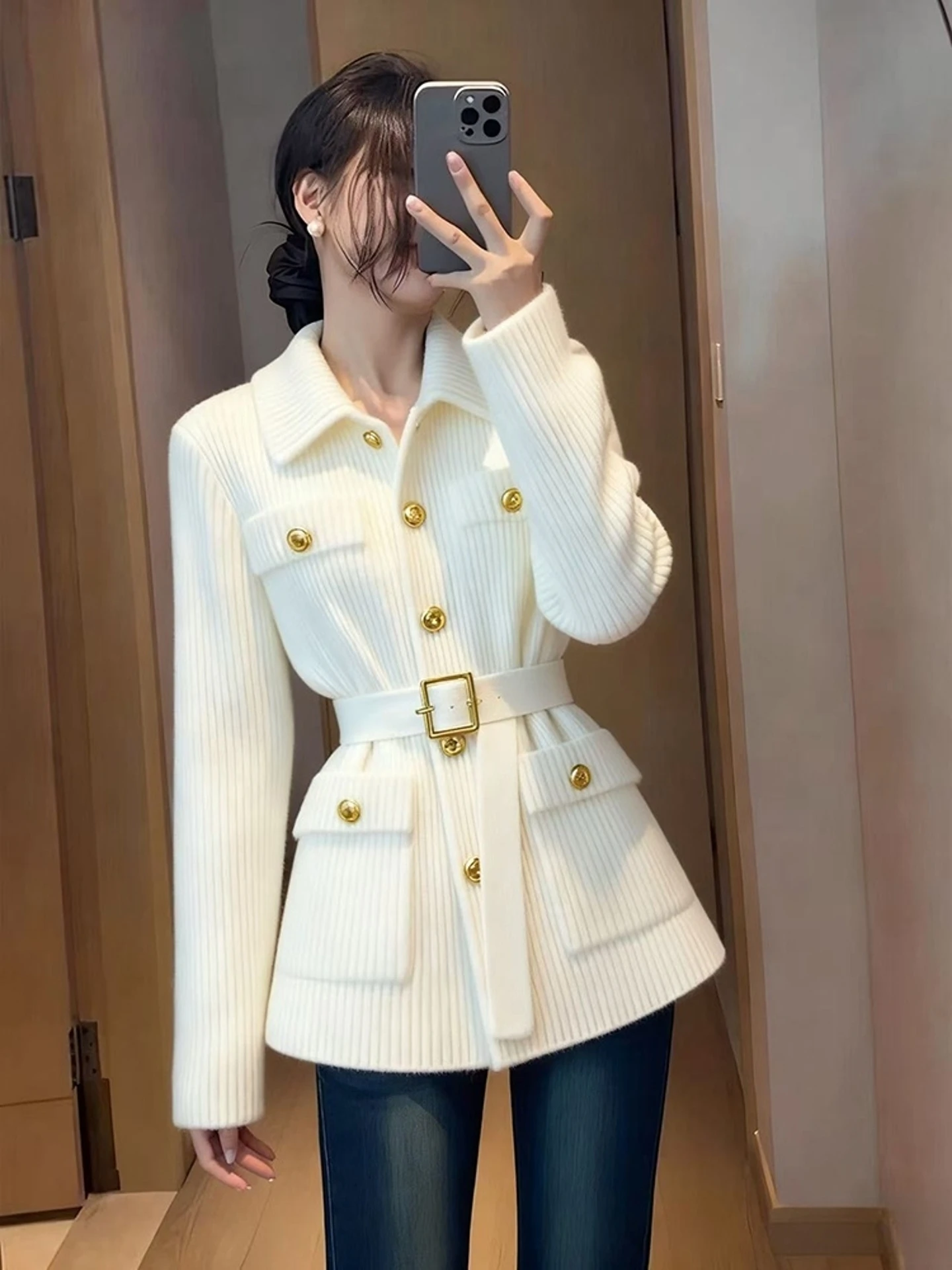 سترة نسائية من Ele White Knitted Jaet بحزام أنيق لموسم الخريف وملمس راقي للتنقل طويل Sve عادي...