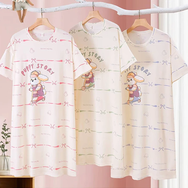 فستان من نسيج القطن بيجامة صيفية لطيفة النسخة الكورية فستان نوم بأكمام قصيرة متوسط الطول للسيدات ملابس نوم صيفية حلوة