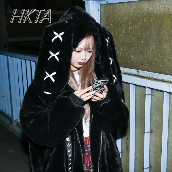 

2023 Winter New Japanese Style Harajuku Sweet Lolita Rabbit Ears Hooded Fur Coat Women's Dark Punk Loose Mid-Length Plush Jacket