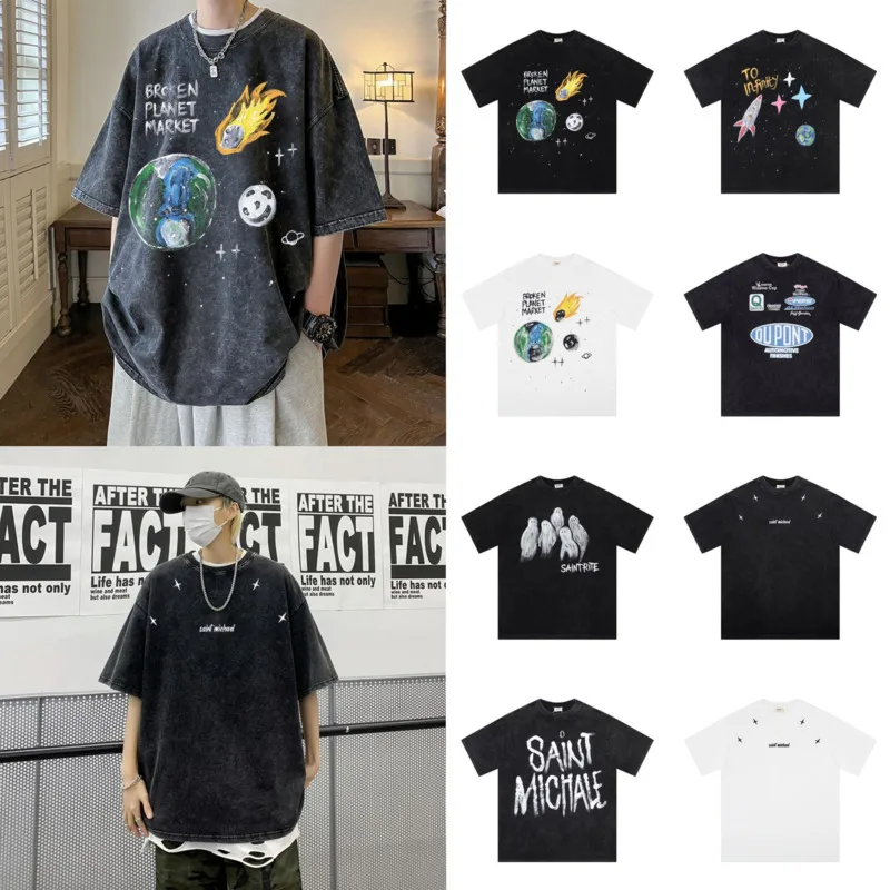 

American Fashion Men SAINT Letter Printed Tshirt 2024 Summer New High Quality Cotton Washed Made Old Tops Chic Tendy Streetwear