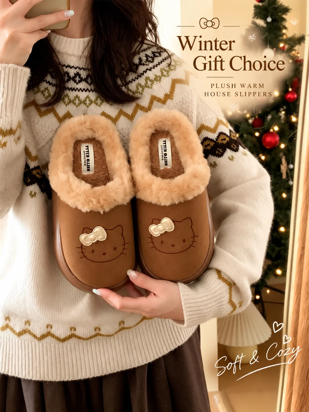 Sanrio HelloKitty Plush Autumn Winter Warm Slippers Vintage Style Thick Platform Anti‑Slip Sole House Shoes Outdoor Girls Gift